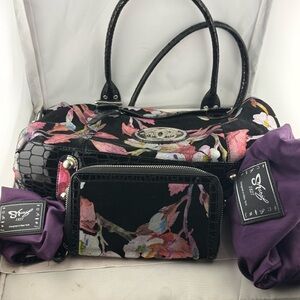 Sharif Black and Pink Floral Satchel with Wallet